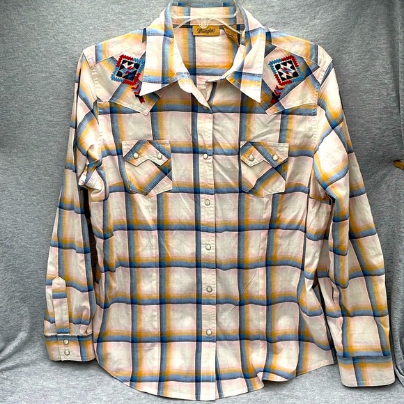 Wrangler Size Large Blue Gold Tan Long Sleeve Pearl Snap Shirt Western Aztec - Picture 1 of 6